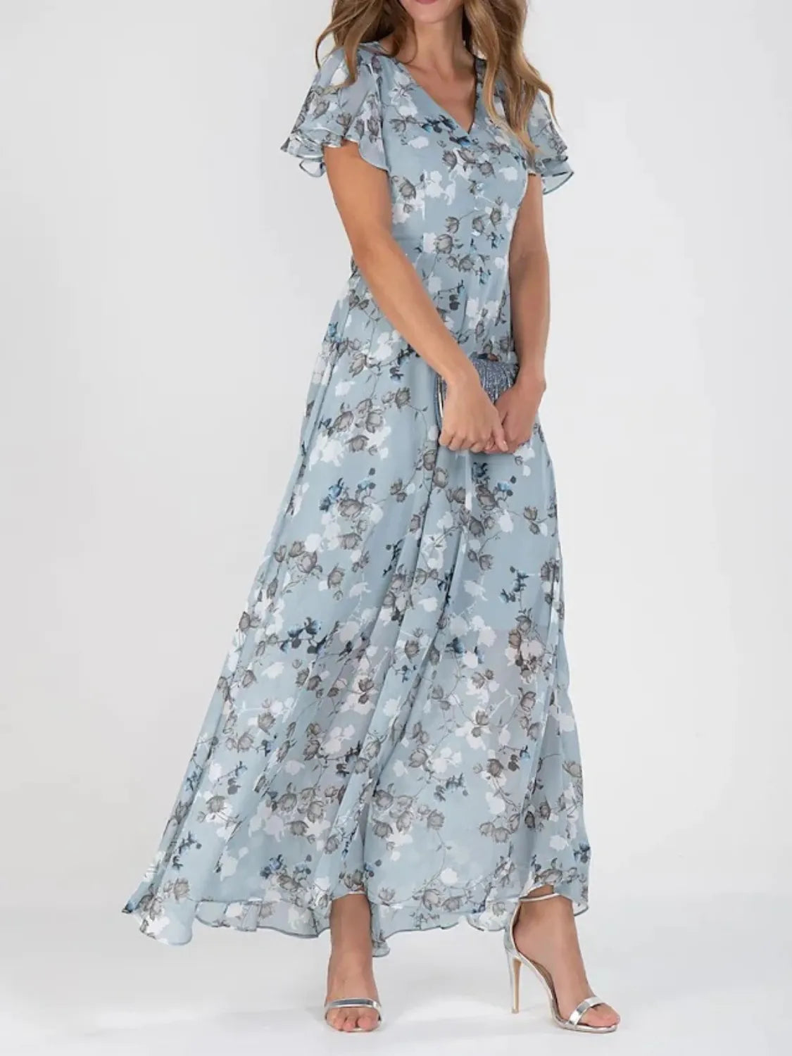 Floral V-Neck Flutter Sleeve Maxi Dress - Ladyez