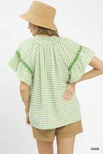 Umgee Gingham Lace Trim Top