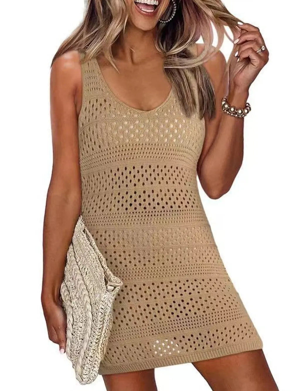 Openwork Scoop Neck Cover Up - Ladyez