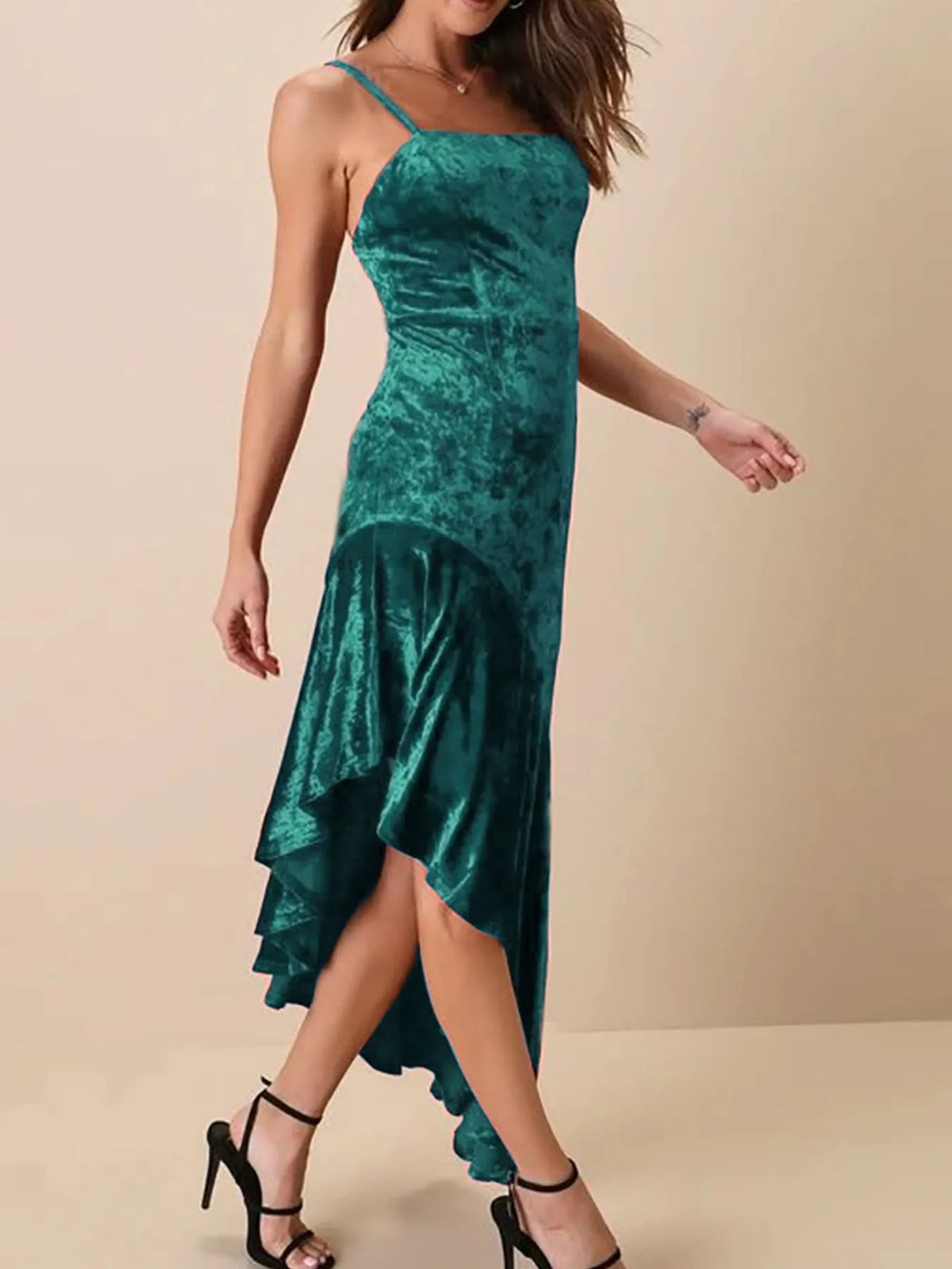 Asymmetrical Velvet Cami Dress with Ruffle Hem - Ladyez