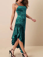 Asymmetrical Velvet Cami Dress with Ruffle Hem - Ladyez