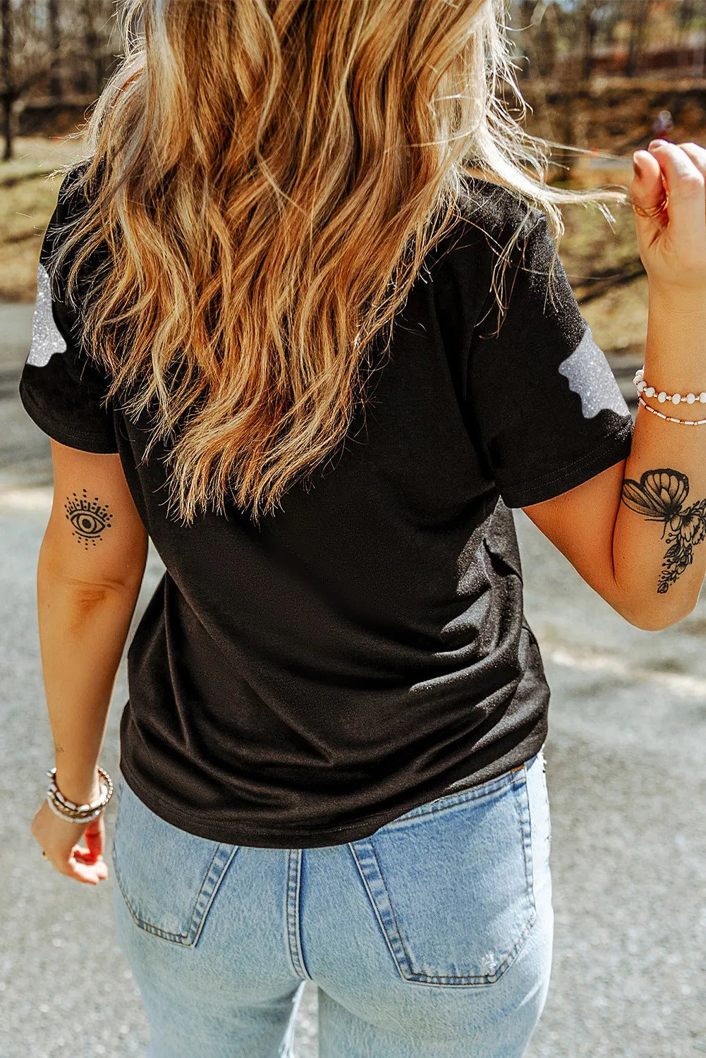 Glitter Ghost Round Neck Short Sleeve T-Shirt - Ladyez