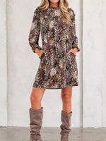Leopard Ruffled Detail Long Sleeve Loose Mini Dress