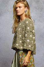POL Contrast Crochet Cropped Knit Top