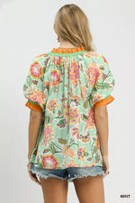 Umgee Floral Print Ruffled Short Sleeve Top