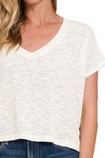 Zenana Hacci Slub V-neck Drop Shoulder Crop Top - Ladyez