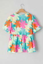 Floral Print Bubble Sleeve V Neck Peplum Blouse