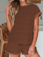 Stripe Ribbed Dolman Tee and Elastic Waist Casual Short Set