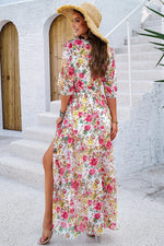 Devine Printed Tied Half Sleeve Slit Dress - Ladyez