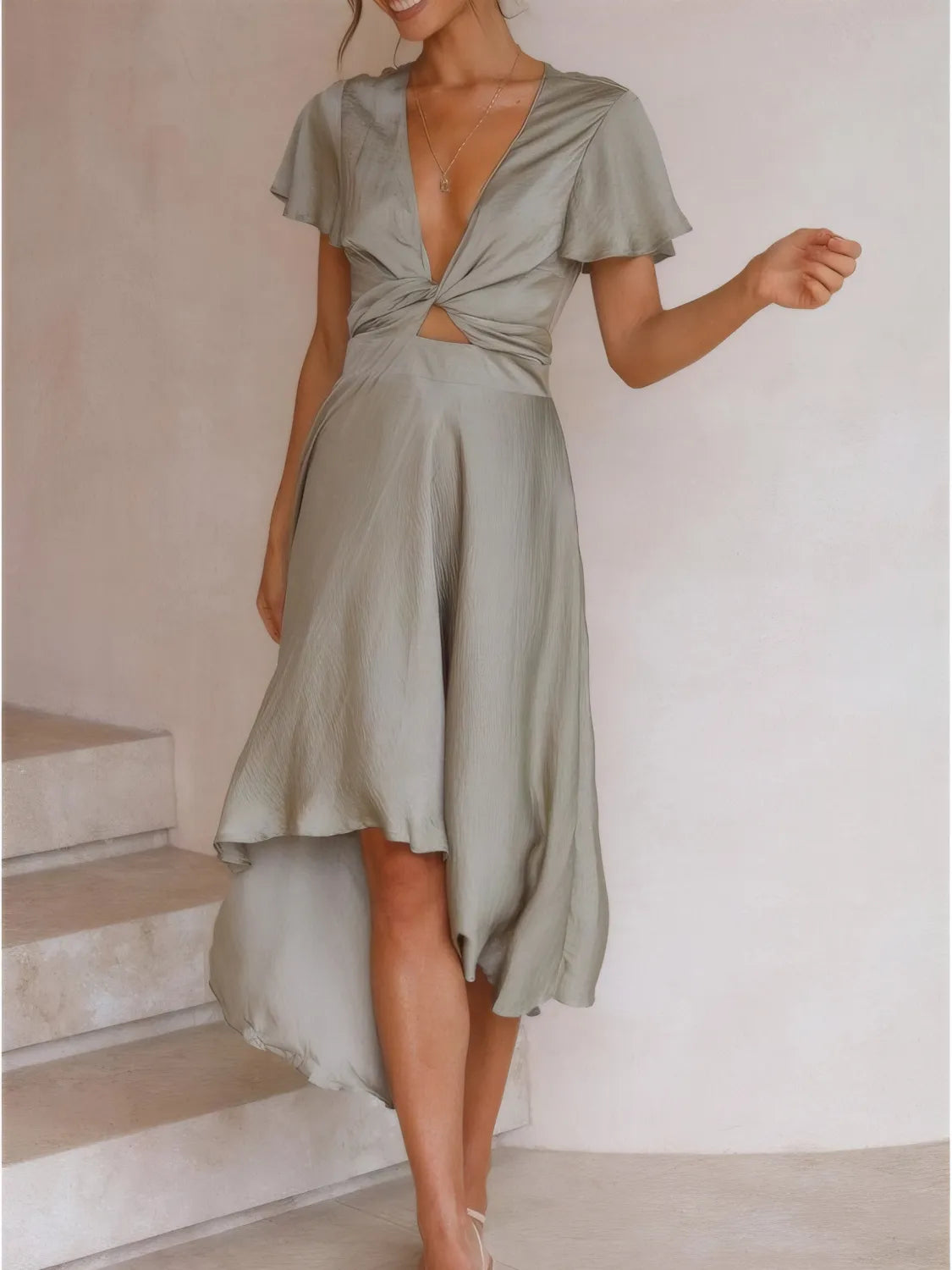 High-Low Plunge Flutter Sleeve Dress - Ladyez