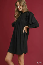 Umgee Linen Ruffle Shoulder Pleated Babydoll Dress
