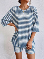 Striped Round Neck Top and Shorts Set