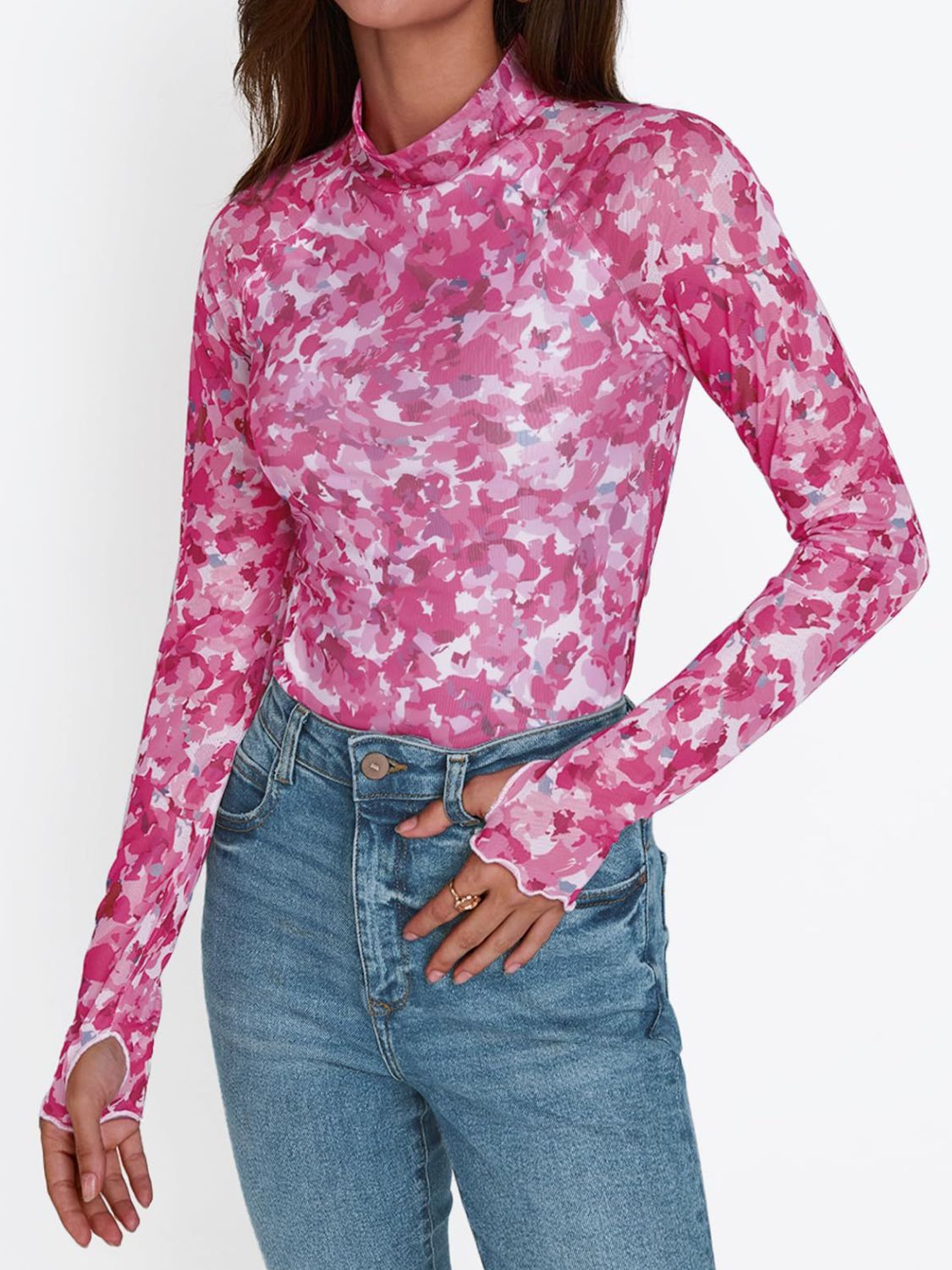 Floral Mock Neck Long Sleeve T-Shirt - Ladyez
