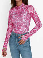 Floral Mock Neck Long Sleeve T-Shirt - Ladyez