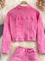 Button Up Jacket and Slit Skirt Denim Set