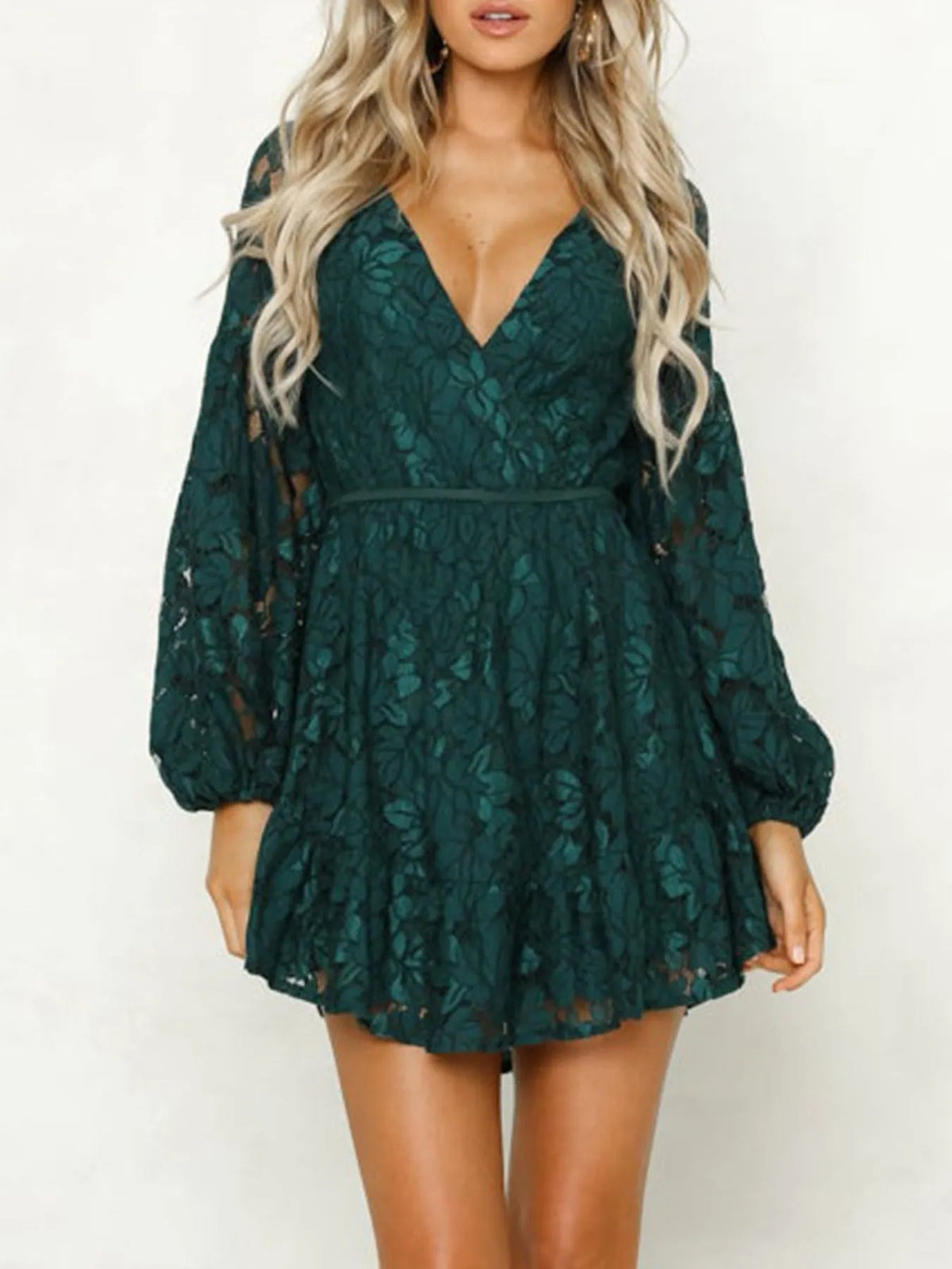 Lace V-Neck Long Sleeve Mini Dress - Ladyez