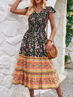 Printed Round Neck Cap Sleeve Dress
