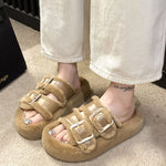 Fuzzy Buckle Detail Slippers