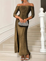 Slit Off-Shoulder Long Sleeve Midi Dress - Ladyez