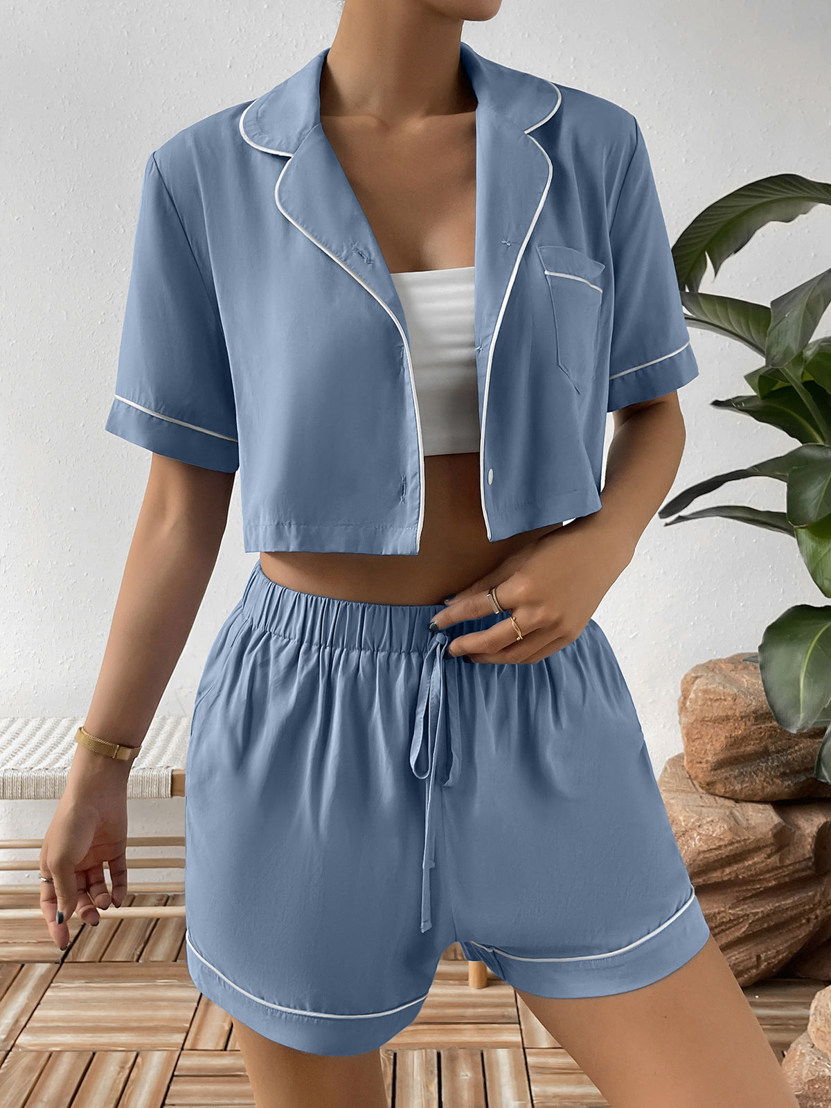 Ivy Lane Contrast Lapel Collar Cropped Shirt and Shorts Lounge Set - Ladyez