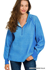 Zenana Ribbed Two Tone Half Zip Sweater