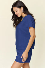 Double Take Full Size Texture Short Sleeve T-Shirt and Drawstring Shorts Set - Ladyez