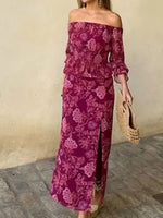 Printed Flounce Sleeve Top and Slit Skirt Set
