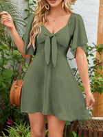 Smocked Back Knotted Flutter Sleeve Dress - Ladyez