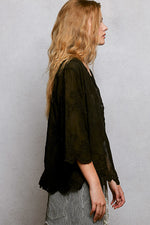 POL Floral Eyelet V-Neck Salloped Shirt