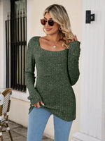 Ribbed Square Neck Long Sleeve T-Shirt