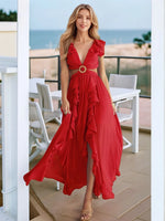 Cutout Ruffled Cap Sleeve Maxi Dress