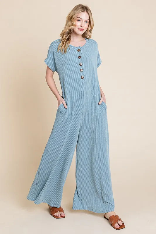 BOMBOM Rib Knit Jumpsuit with Button Detail - Ladyez