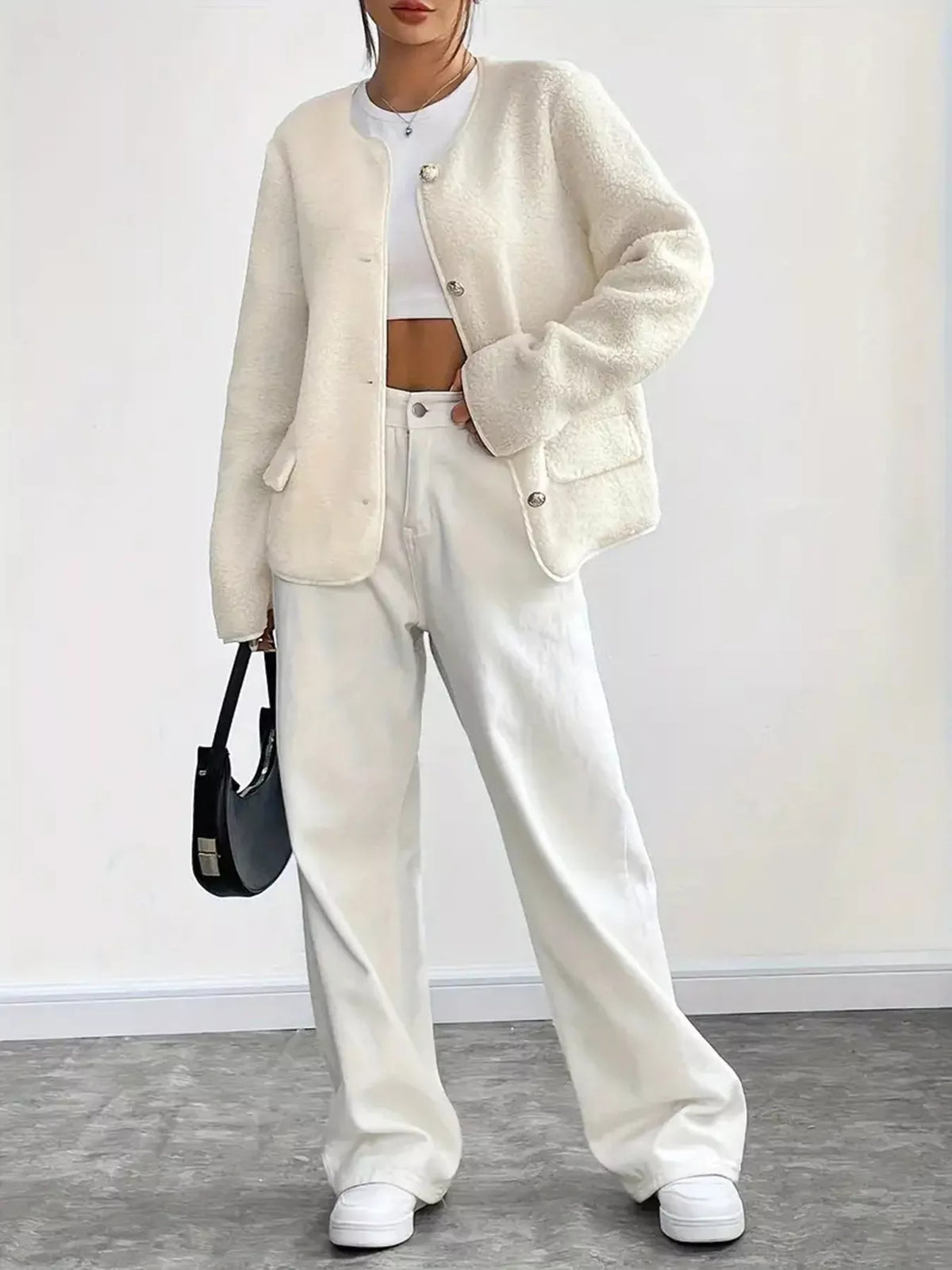 Full Size Textured Button-Up Fleece Outerwear Plus Size