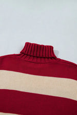Stripe Ribbed Trim High Neck Relaxed Pullover Sweater