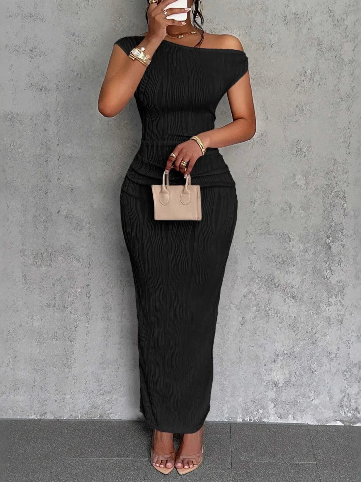Textured Single Shoulder Bodycon Maxi Dress - Ladyez