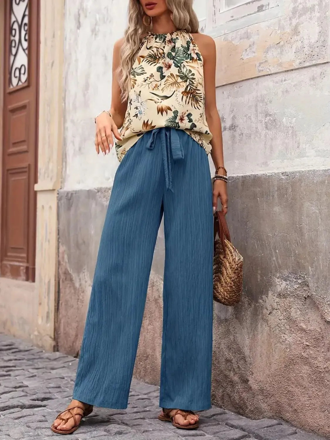 Printed Tank Top and Wide Leg Pants Set - Ladyez