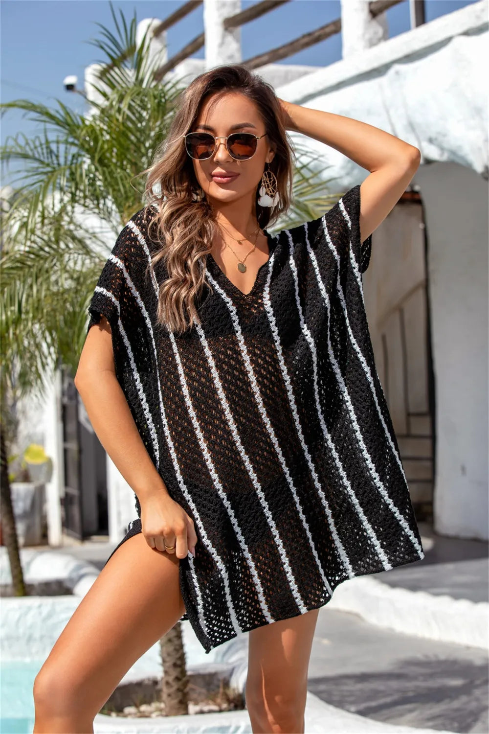 Angel Wings Openwork V-Neck Short Sleeve Cover Up - Ladyez