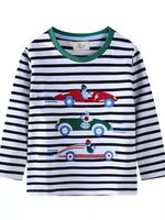 Children's Racing Car Embroidered Striped Long Sleeve T-Shirt