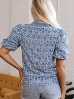 Printed Contrast Ric-Rac Puff Sleeve Top - Ladyez