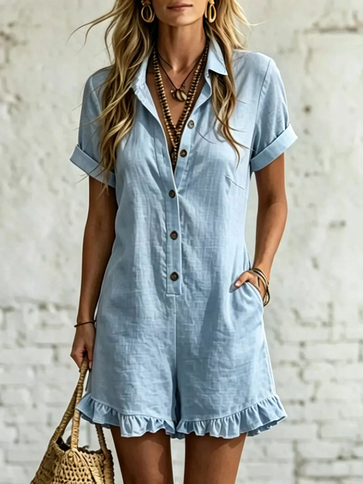 Full Size Button Front Ruffled Hem Romper Plus Size