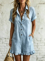 Full Size Button Front Ruffled Hem Romper Plus Size