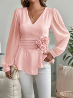 Flower Surplice Long Sleeve Blouse - Ladyez