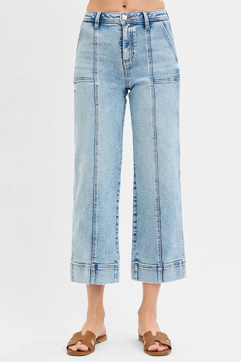 RISEN Full Size High Rise Crop Wide Front Seam Detailed Jeans Plus Size - Ladyez