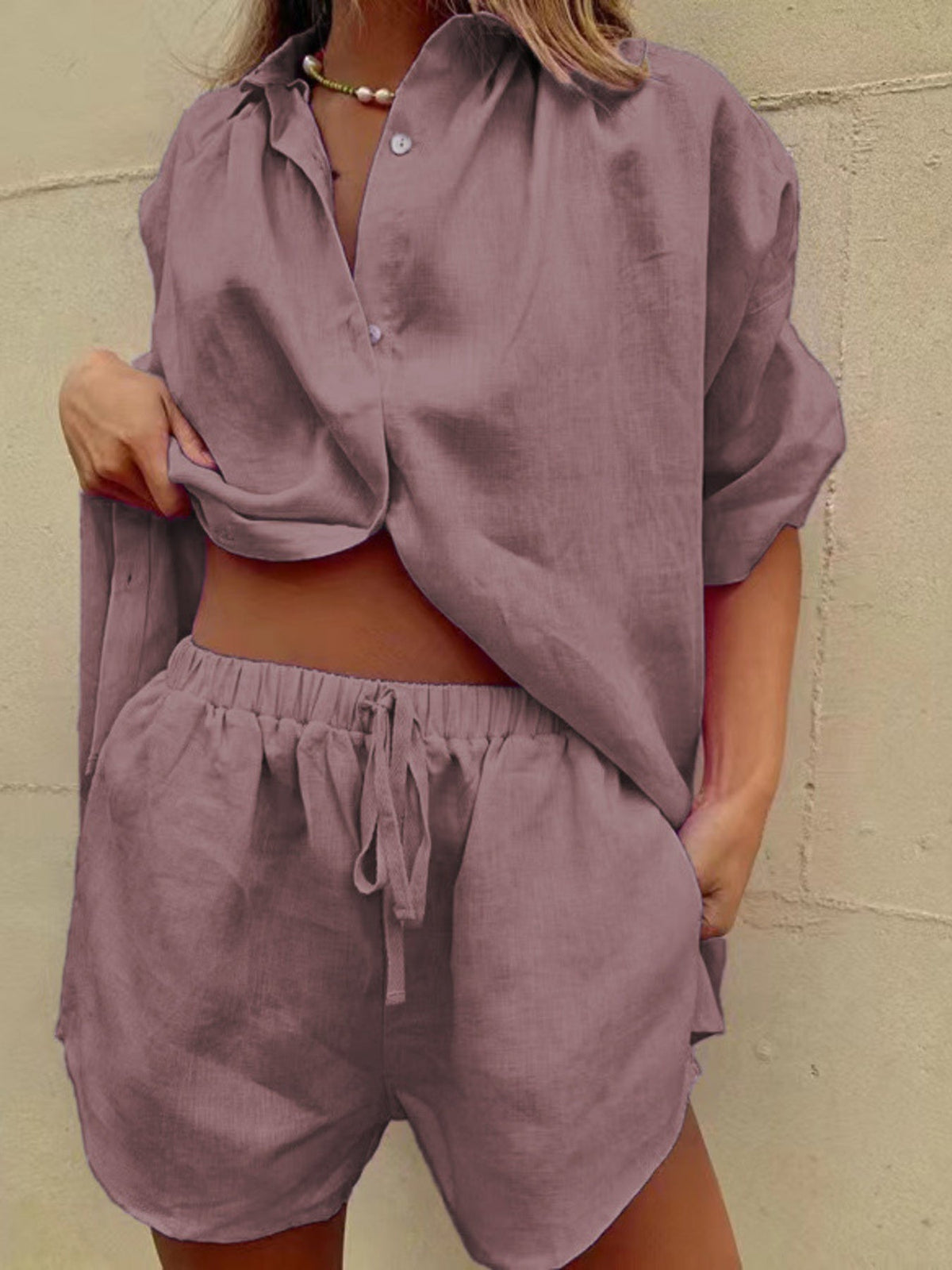 Button Up Shirt and Drawstring Shorts Set