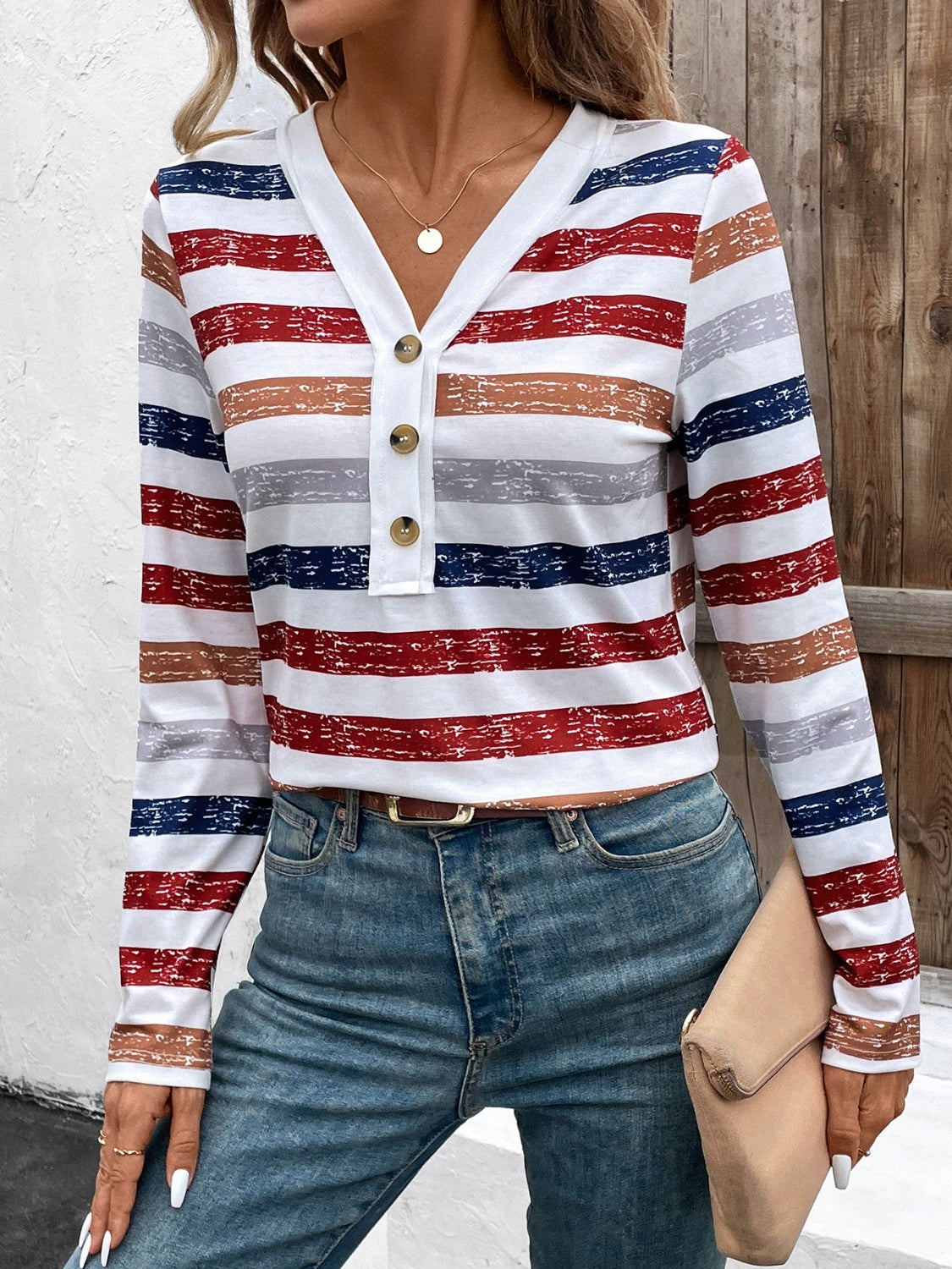 Contrast Striped V-Neck Long Sleeve T-Shirt - Ladyez