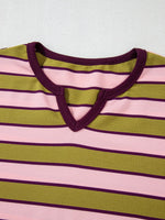 Stripes Waffle Texture Notched Neck Long Sleeve Top