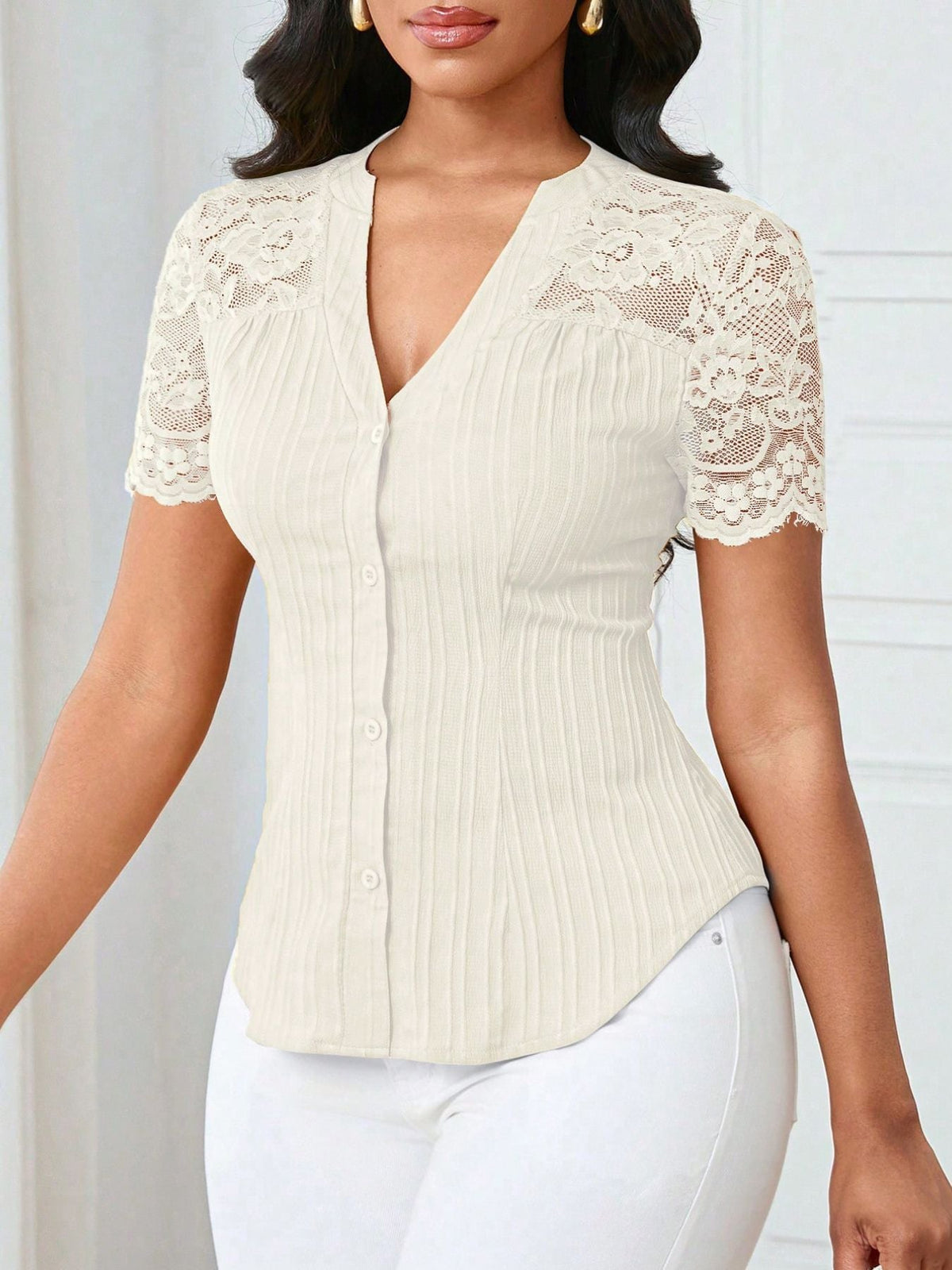 Lace Sleeve Button Up Shirt