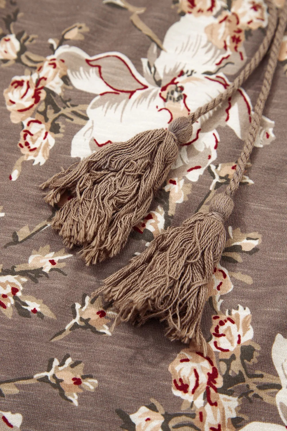 Floral Print Tassel Tie Split Neck Short Sleeve Blouse - Ladyez