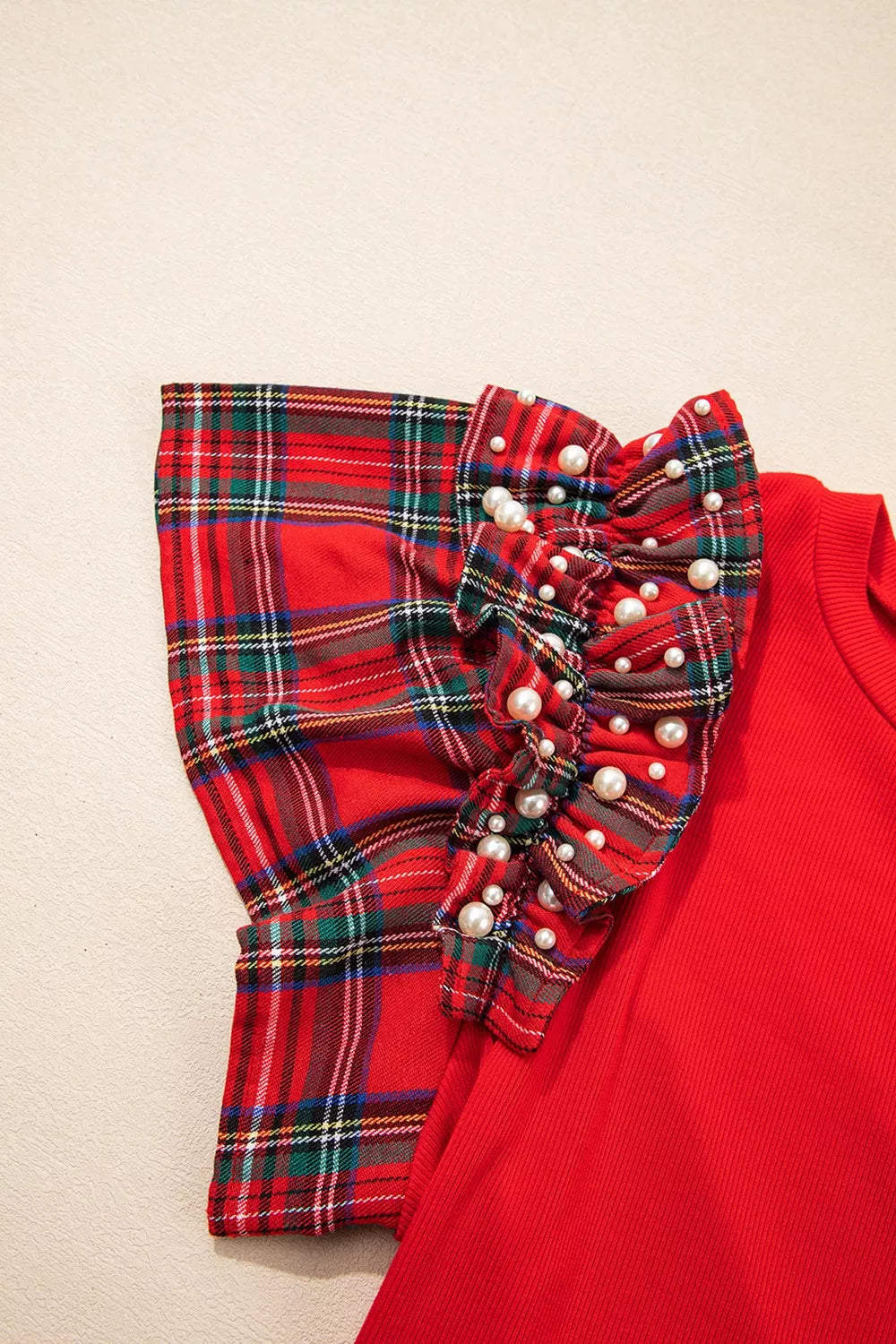 MERRY Plaid Ruffled Cap Sleeve Christmas Knit Top