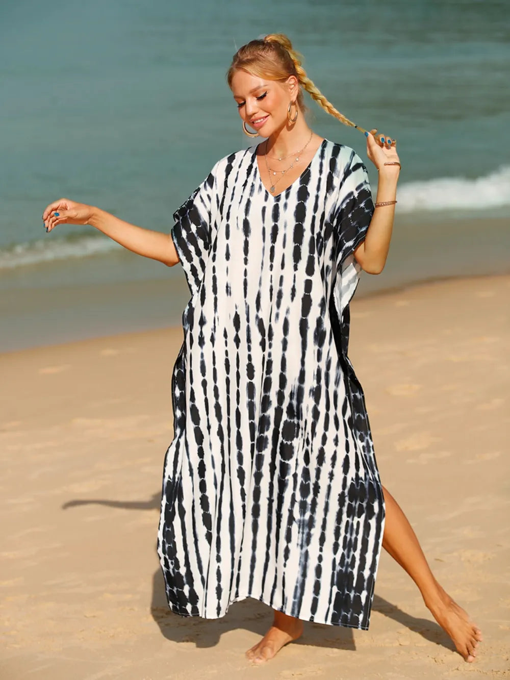 Tie-Dye V-Neck Half Sleeve Cover-Up - Ladyez